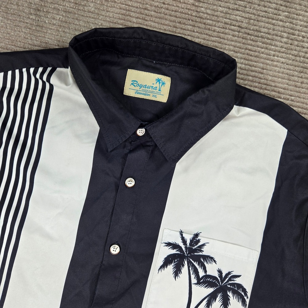 Royaura Mens XXL Black White Striped Palm Tree Tropical Bowling Button Down